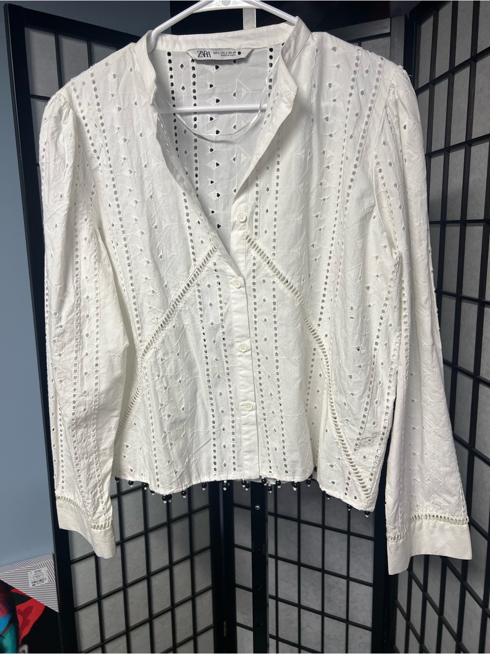 Zara White Eyelet Button-Down Top